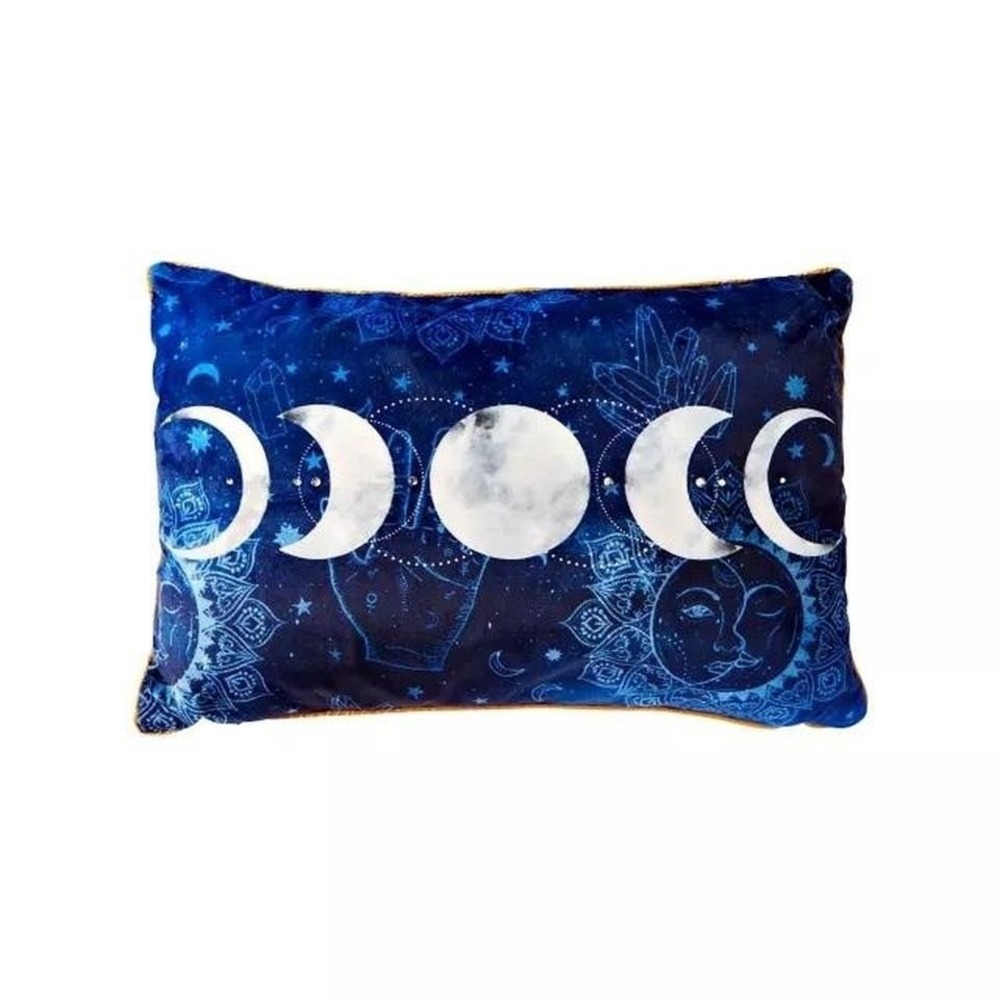 Tarot Moon Phase Pillow blue with yellow trim, excellent condition 18"x12"‎